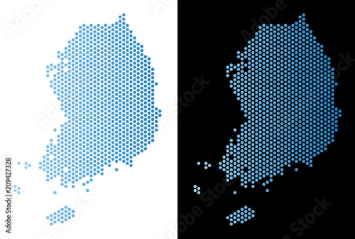 Hexagon South Korea map. Vector territory plan in light blue color with horizontal gradient on white and black backgrounds. Abstract South Korea map mosaic is done with hexagon items.