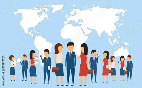 Business concept. In a simple style. Business globalization, communication in the modern world. In flat style on blue background.