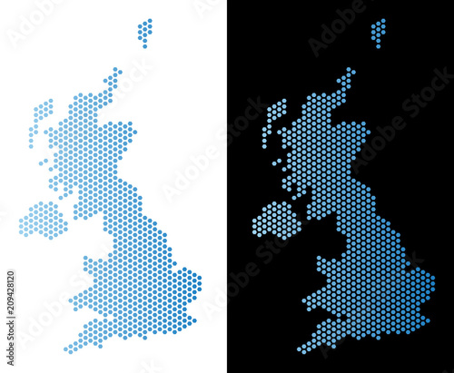 Hexagon United Kingdom map. Vector territory scheme in light blue color with horizontal gradient on white and black backgrounds. Abstract United Kingdom map mosaic is created from hex-tile spots.