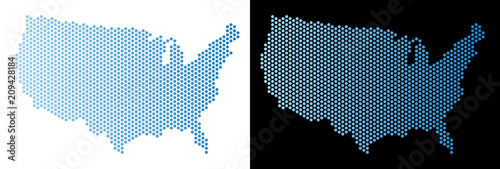Hex Tile USA map. Vector geographic scheme in light blue color with horizontal gradient on white and black backgrounds. Abstract USA map mosaic is containing hex tile spots.