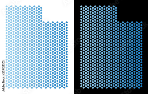 Hex-Tile Utah State map. Vector territory scheme in light blue color with horizontal gradient on white and black backgrounds. Abstract Utah State map composition is made from hex-tile dots.