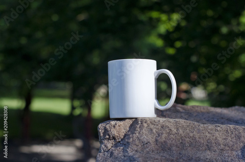 A blank white coffee mug on the stone ledge of the cool calm park. 
