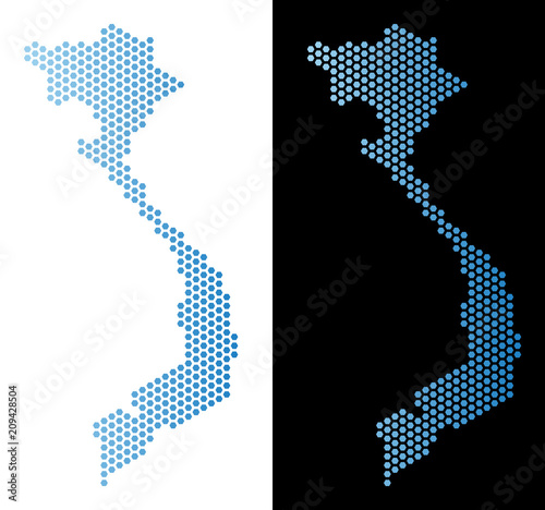 Hex Tile Vietnam map. Vector territory scheme in light blue color with horizontal gradient on white and black backgrounds. Abstract Vietnam map composition is created from hexagonal blots.