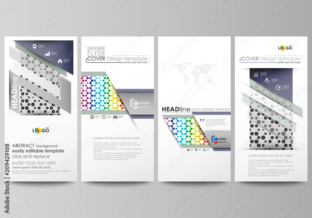 Flyers set, modern banners. Business templates. Cover template, abstract vector layouts. Chemistry pattern, hexagonal design molecule structure, medical DNA research. Geometric colorful background.