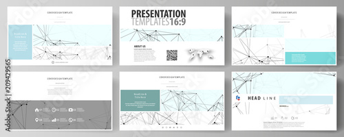 Business templates in HD format for presentation slides. Abstract vector layouts in flat design. Chemistry pattern, connecting lines and dots, molecule structure on white, geometric graphic background