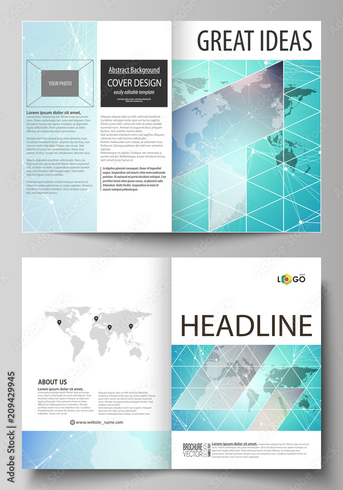 The vector illustration of the editable layout of two A4 format modern cover mockups design templates for brochure, flyer, booklet. Molecule structure, connecting lines and dots. Technology concept.