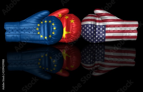 Photography usa china trade war tariff duty eu flags 3d boxing gloves isolated