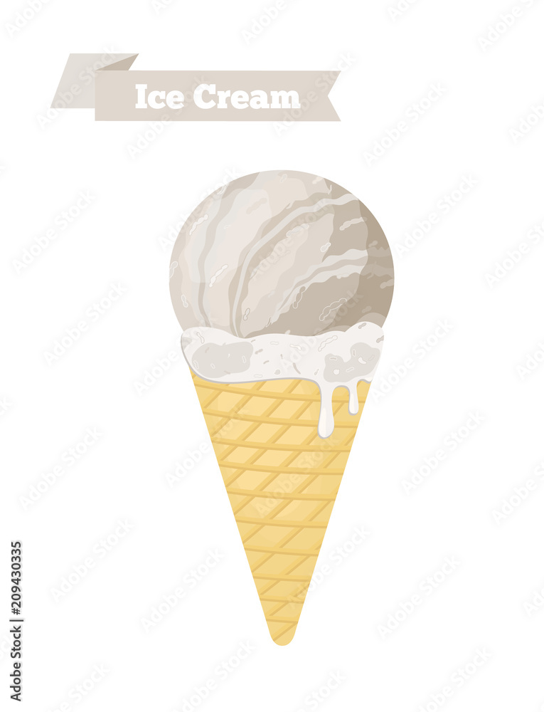 Vector grey ice cream in cone, sundae taste