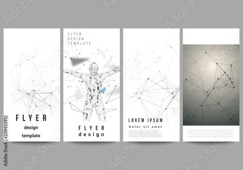 The abstract vector layout of four modern vertical banners, flyers design business templates. Technology, science, medical concept. Molecule structure, connecting lines and dots. Futuristic background