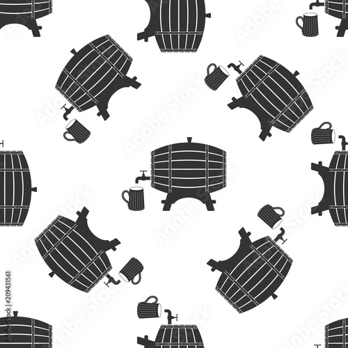 Wooden barrel on rack with stopcock and wooden beer mug icon seamless pattern on white background. Flat design. Vector Illustration