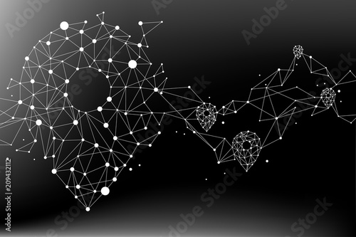 Travel Network Pin mark polygon dot connected line: concept of travel route, location, journey