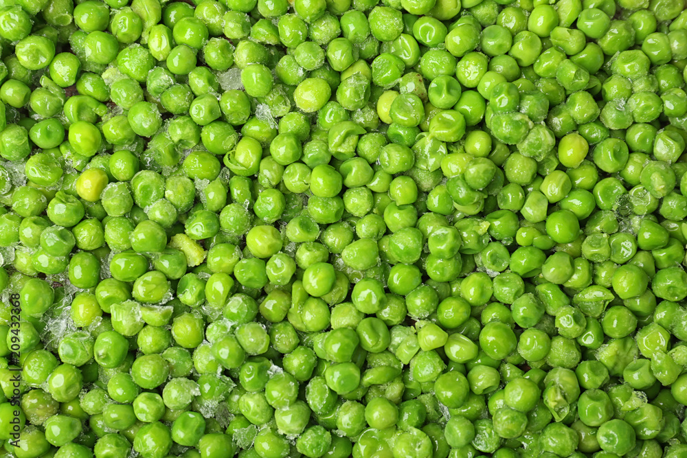 Frozen peas as background, top view. Vegetable preservation