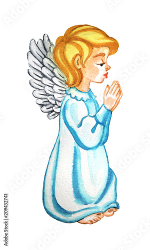 Praying angel. Watercolor hand drawn image.