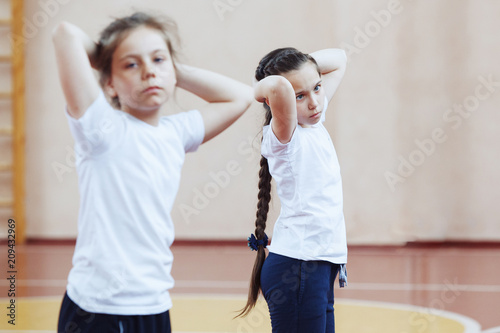 Primary school children a sport lesson indoors