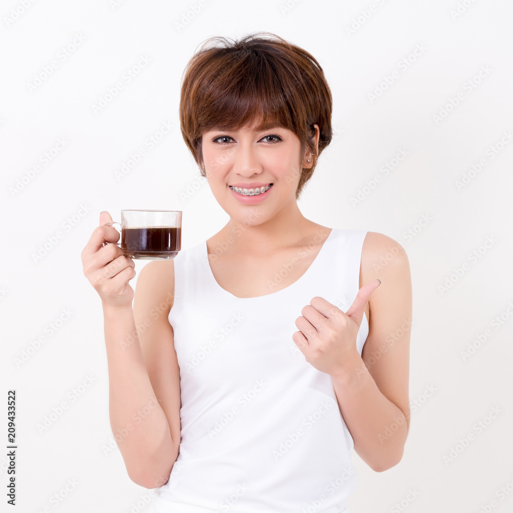 Beautifulyoung Asia woman with a cup of hot coffee. Isolated on white background. Studio lighting. Concept for healthy. Beautifulyoung Asia woman with a cup of hot coffee. Isolated on white background. Studio lighting. Concept for healthy.