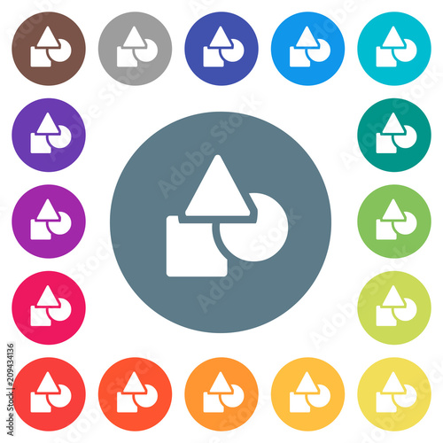 Basic geometric shapes flat white icons on round color backgrounds