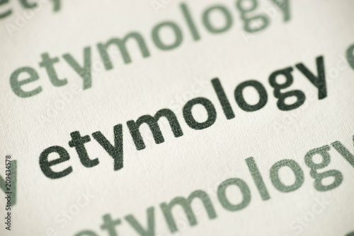 word etymology printed on paper macro