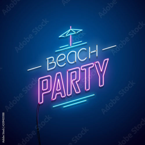 Summer beach party background. Vector neon sign.
