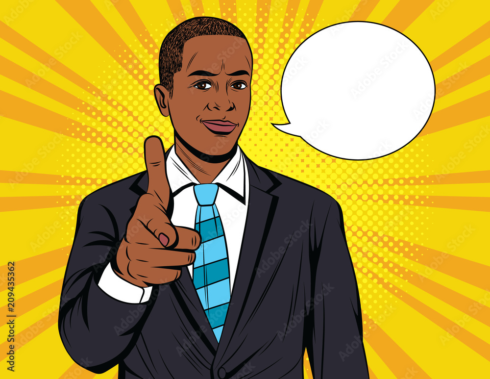 Vector colorful pop art illustration of businessman pointing on you.  Handsome African American guy in suit show direction forward Stock Vector |  Adobe Stock
