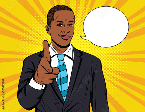 Vector colorful pop art illustration of businessman pointing on you. Handsome African American guy in suit show direction forward