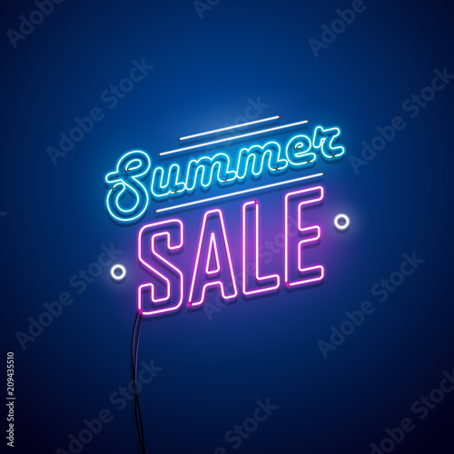 Summer sale neon sign. Vector illustration.