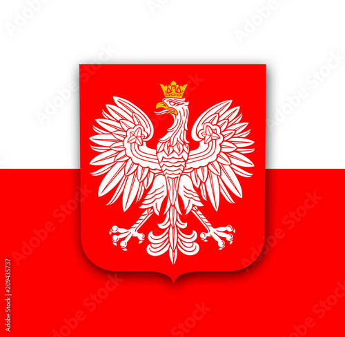 Poland flag with white royal eagle, coat of arms of Poland,