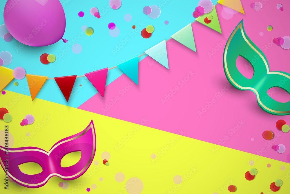 Bright carnival background with colorful masks and confetti.