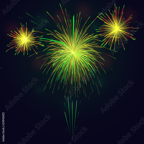Golden green fireworks over night sky holidays background