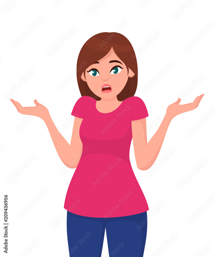 Young woman spread her hand and shrugging shoulder. I do not know. Oops! Sorry! Asking question and doubt expression. Young woman spread her hand and shrugging shoulder. I do not know. Oops! Sorry! Asking question and doubt expression.