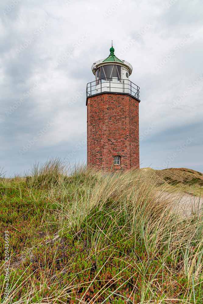 View to old Lighthouse with typical heathland plants at Sylt / Germany