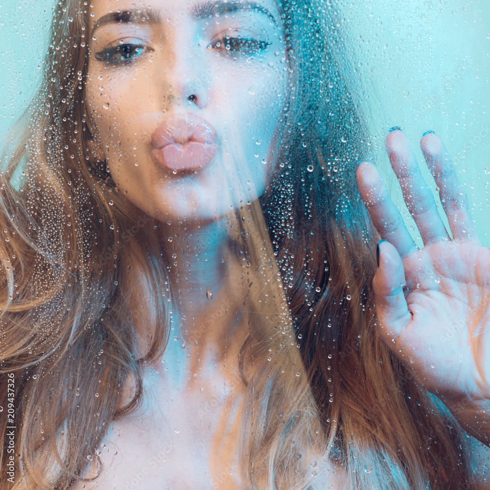 Sexy Woman In Shower Attractive Young Naked Woman Under Water Drops On Blue Background Stock