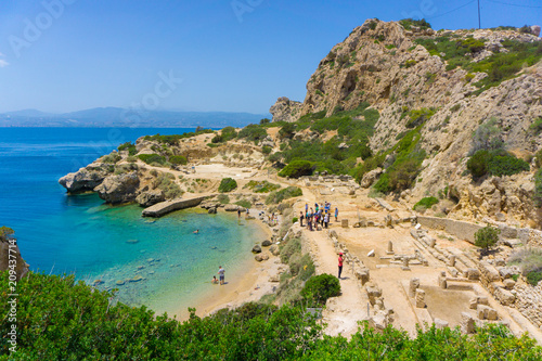 Fototapeta Naklejka Na Ścianę i Meble -  Small beautiful beach at archaeological site of Heraion, sanctuary of goddess Hera, in Perachora, Loutraki, Greece