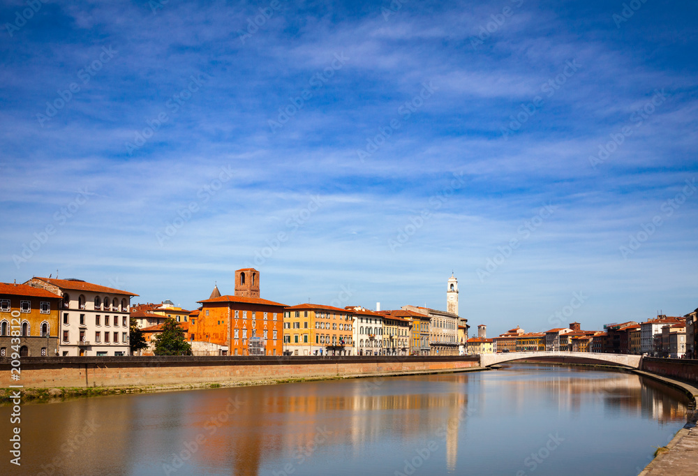 Arno River embankment Ponte di Mezzo bridge Pisa Tuscany Italy Arno River embankment Ponte di Mezzo bridge Pisa Tuscany Italy