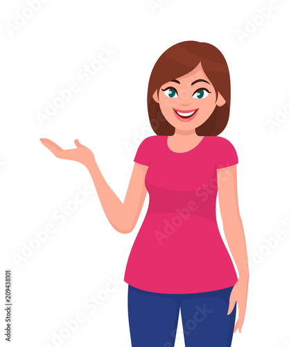 Young woman showing hand for presenting something.  Vector illustration in cartoon style.