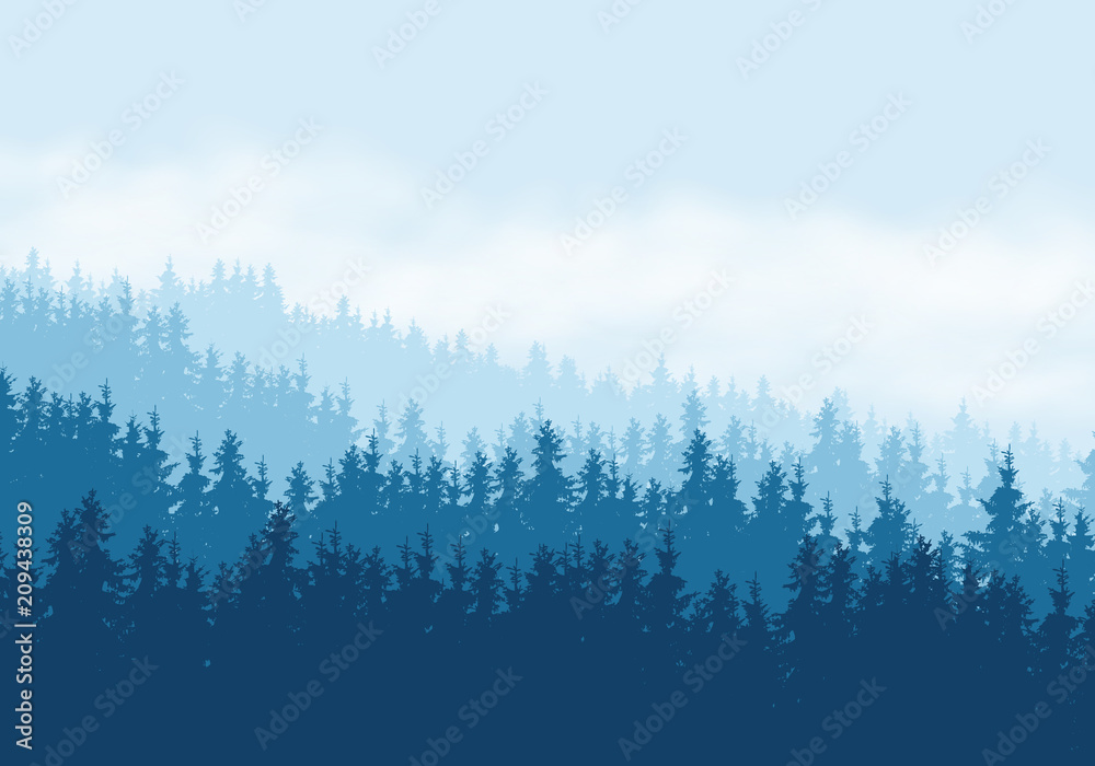 Fototapeta Realistic illustration of coniferous forest under blue sky with clouds