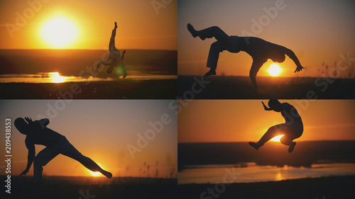 Fototapeta Naklejka Na Ścianę i Meble -  Fighter is engaged in capoeira in the background of an orange sunset - 4 in 1