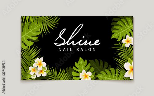 Nail salon business card design. Manicure beauty salon banner with tropic leaves and flower