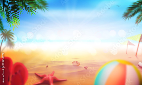 Stock vector illustration realistic beach. Summer and sun, sea. Set, ball, starfish, shell, palm tree, beach slippers. Art for banners, flyers, billboard, placards, presentations, reports and posters