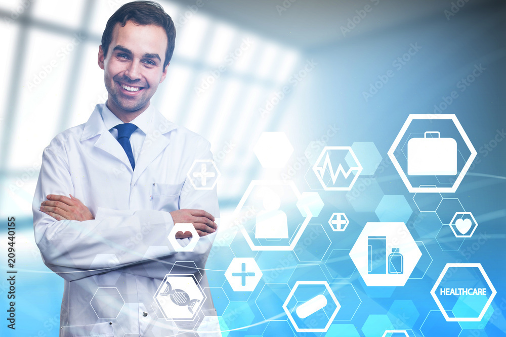 Smiling european doctor with interface Smiling european doctor with interface