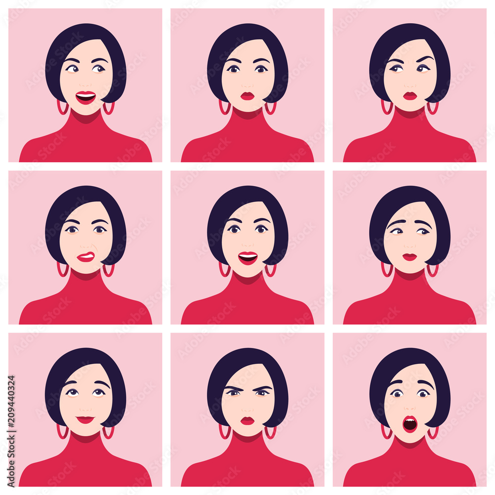 A woman's face. Different emotions and feelings. Set of portraits. Vector Flat Illustration A woman's face. Different emotions and feelings. Set of portraits. Vector Flat Illustration