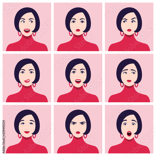 A woman's face. Different emotions and feelings. Set of portraits. Vector Flat Illustration