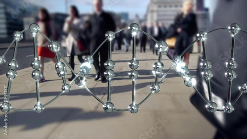 DNA molecule with people background.

DNA molecule helix structure rendered as glass with people walking in the background.