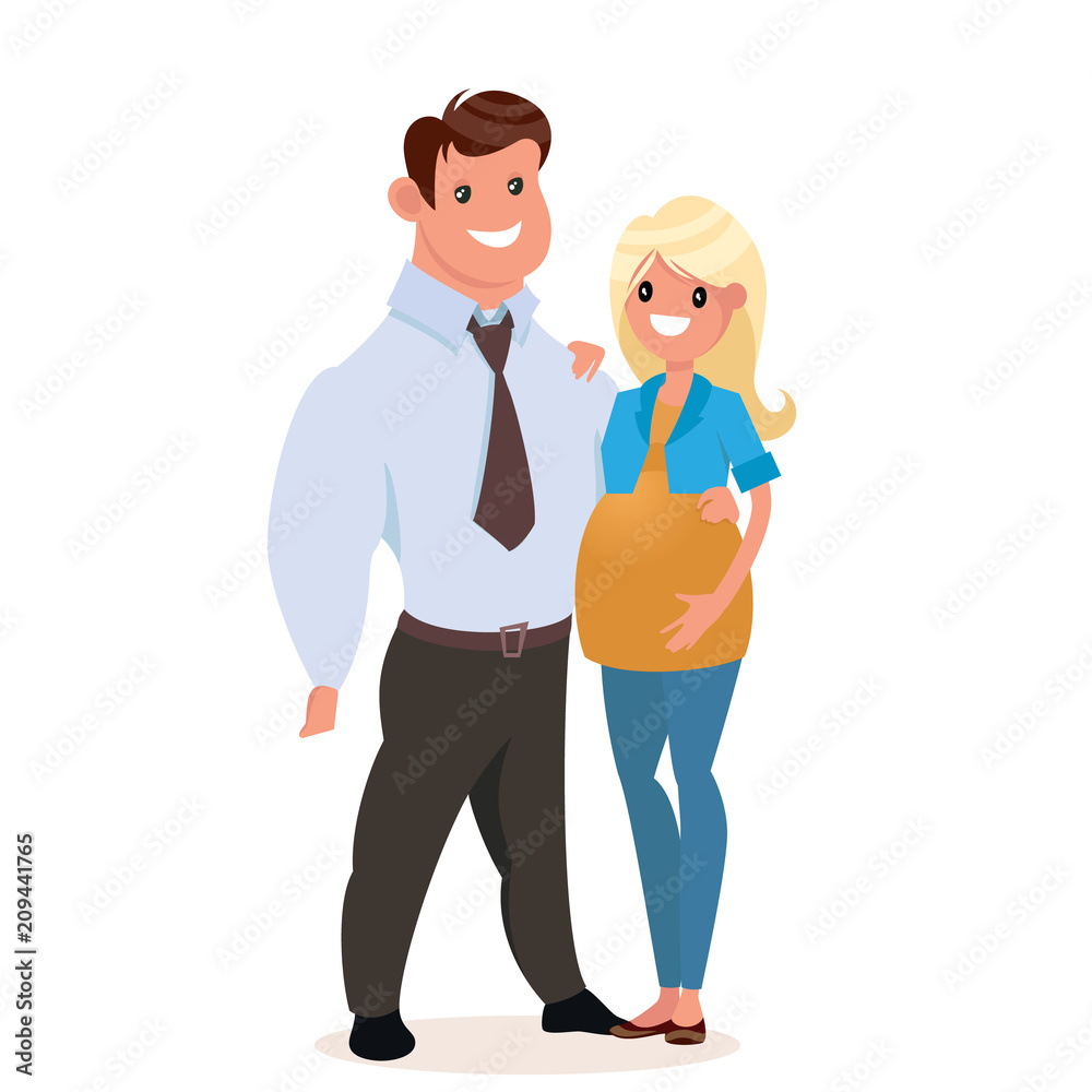 Happy family is waiting for the birth of a child. A man is hugging a pregnant woman. Style flat. Happy family is waiting for the birth of a child. A man is hugging a pregnant woman. Style flat.