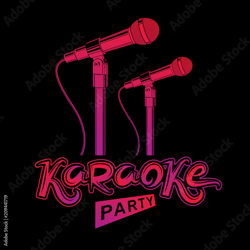 Karaoke party promotion poster design. Rap battle concept, two stage microphones vector illustration.