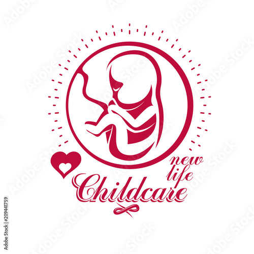 Vector embryo emblem isolated on white. New life beginning drawing. Neonatal care center conceptual symbol