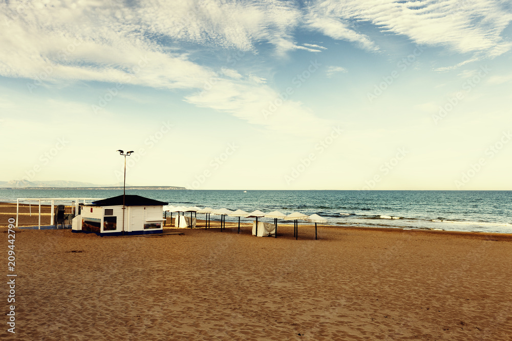 beach with tipycal spanish  chiringuito