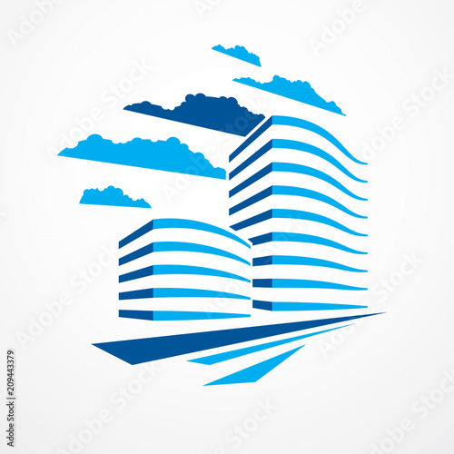 Office building, modern architecture vector illustration. Real estate realty business center design. 3D futuristic facade in big city. Can be used as a logo or icon.