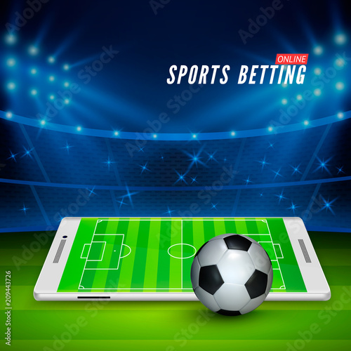 Soccer bet online. Sports betting concept. Soccer stadium and white mobile phone with ball on foreground. Vector illustration