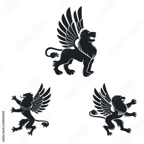Winged Lion ancient emblems elements set. Heraldic vector design elements collection. Retro style label, heraldry logo.