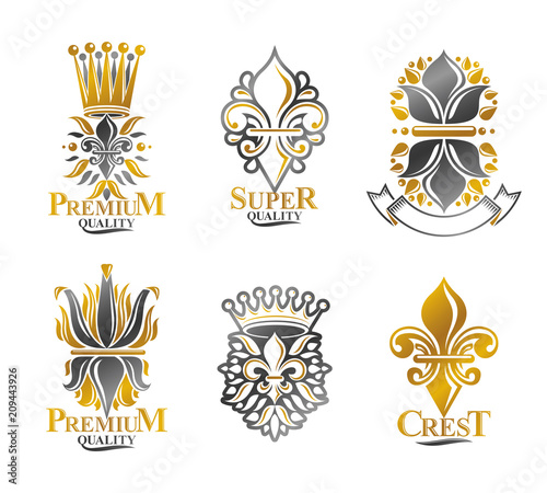 Royal symbols Lily Flowers, floral and crowns, emblems set. Heraldic vector design elements collection. Retro style label, heraldry logo.